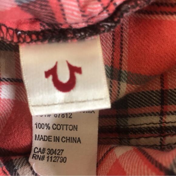 Y2k True Religion Fresh Peach Plaid Button Down Shirt Western Styling Gold Logo - Picture 11 of 16